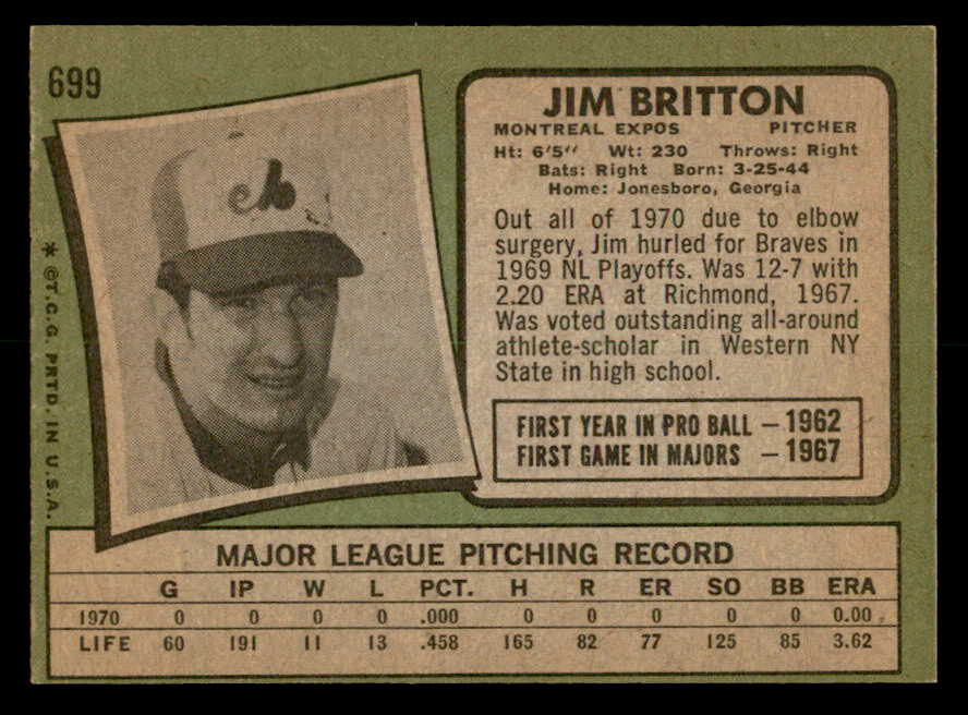 1971 Topps Baseball #699 Jim Britton Expos NR-MT 550721