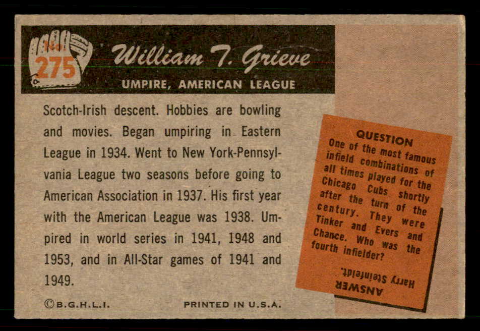 1955 Bowman Baseball #275 William Grieve Umpire EX-MT 550775