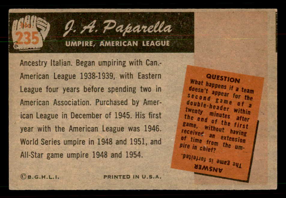 1955 Bowman Baseball #235 J.A. Paparella Umpire EX 550801