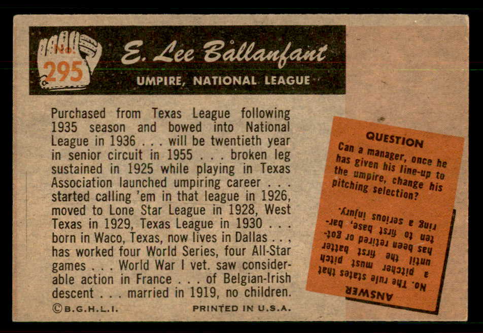 1955 Bowman Baseball #295 E. Lee Ballanfant Umpire EX 550818