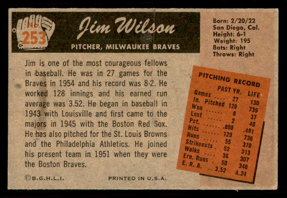 1955 Bowman Baseball #253 Jim Wilson Braves VG-EX 550834