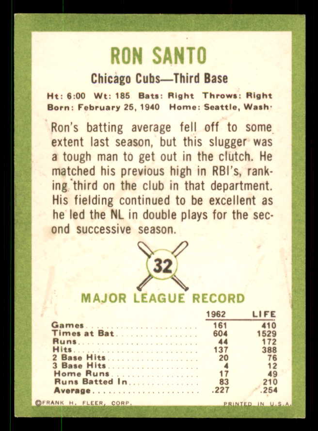 1963 Fleer Baseball #032 Ron Santo Cubs VG 550898