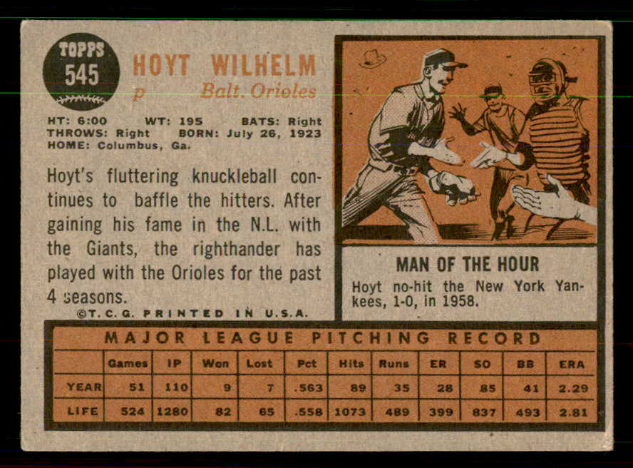 1962 Topps Baseball #545 Hoyt Wilhelm Orioles VG-EX 551424