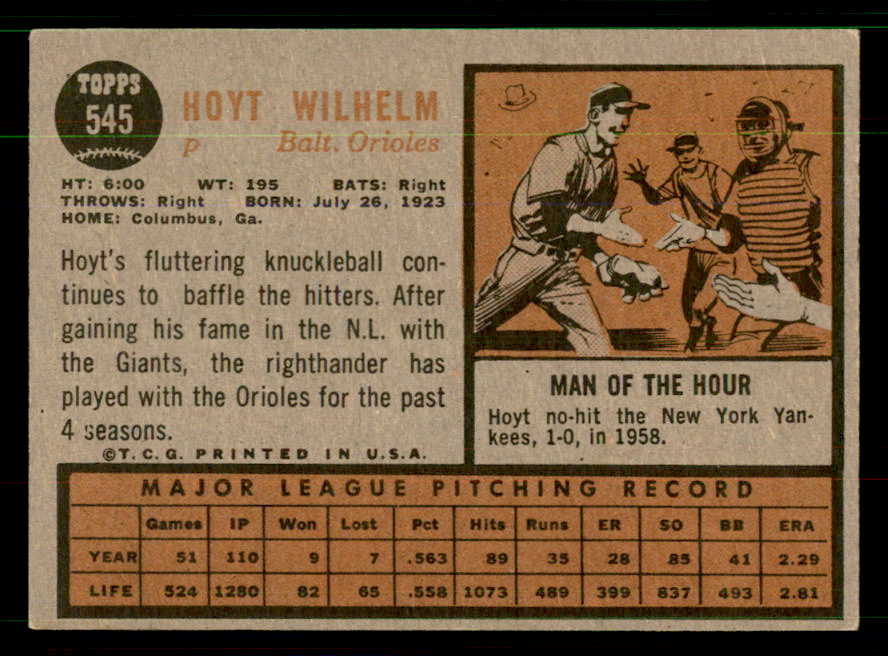1962 Topps Baseball #545 Hoyt Wilhelm Orioles VG-EX 551425