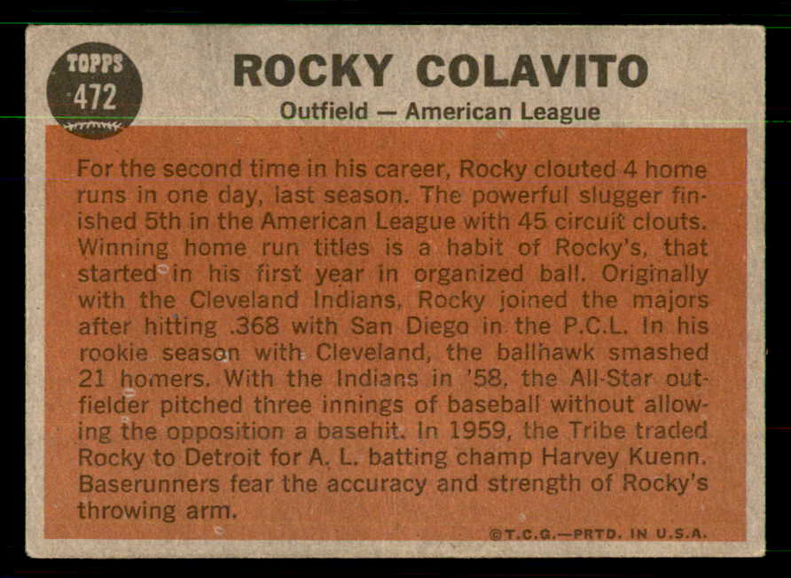 1962 Topps Baseball #472 Rocky Colavito A.S. Tigers VG-EX 551435