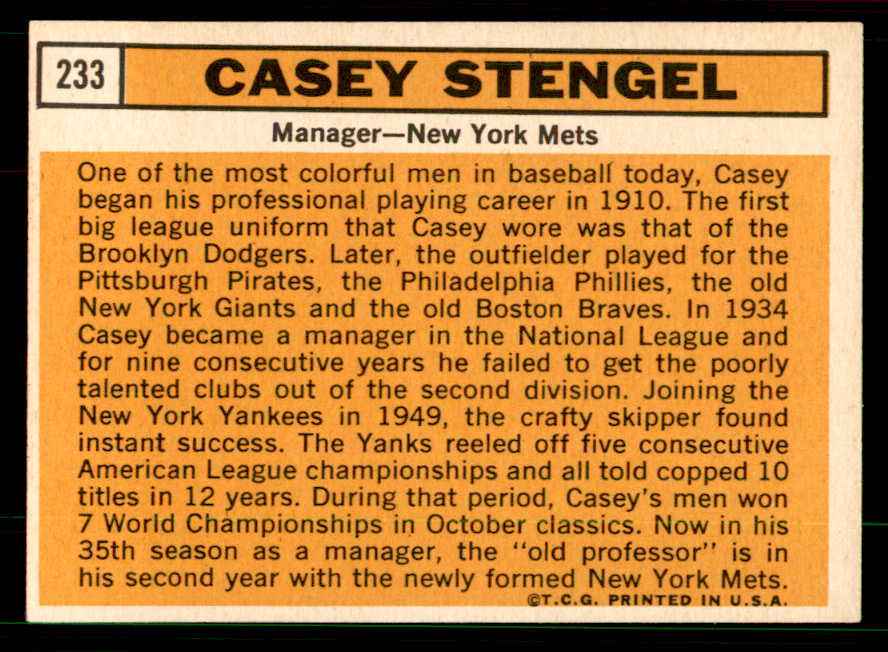1963 Topps Baseball #233 Casey Stengel Mets EX-MT 551455