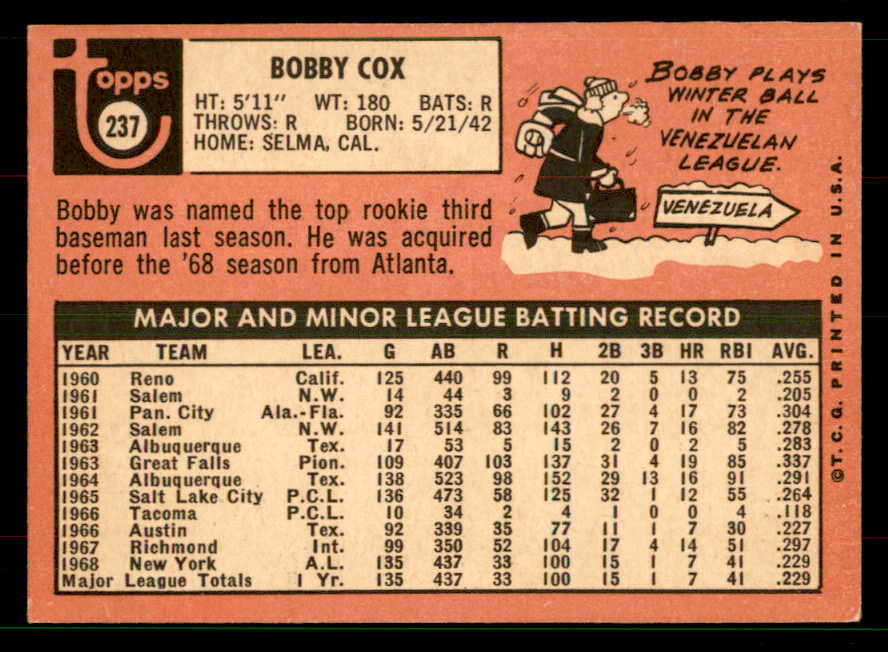 1969 Topps Baseball #237 Bobby Cox Yankees EX-MT 551602