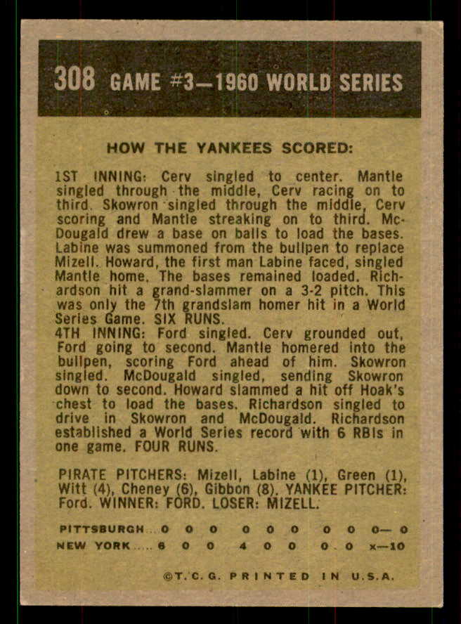1961 Topps Baseball #308 World Series Game 3 Richardson EX-MT 551610