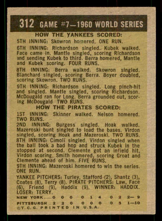 1961 Topps Baseball #312 World Series Game 7 Mazeroski EX-MT 551613
