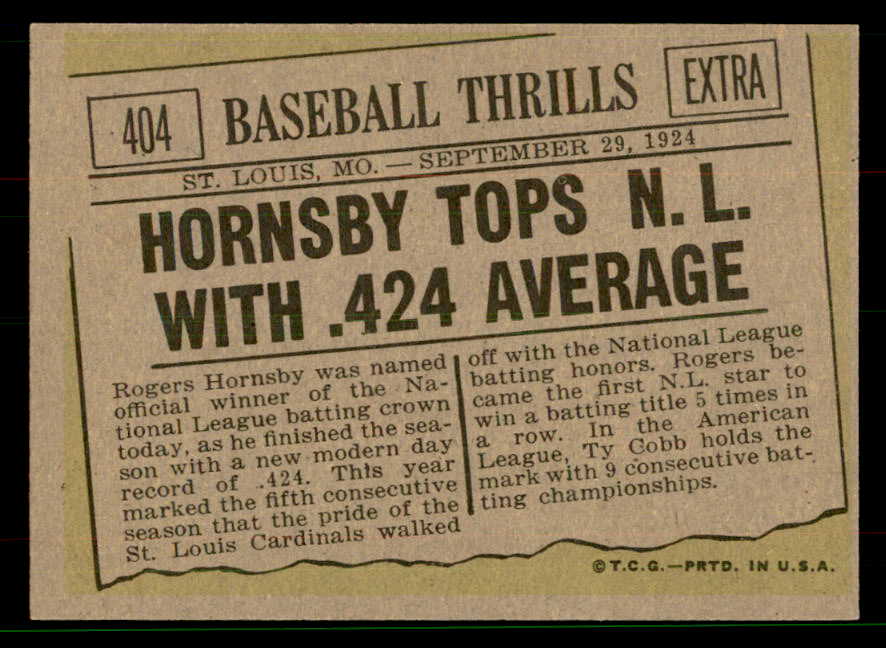 1961 Topps Baseball #404 Rogers Hornsby Cardinals EX 551619
