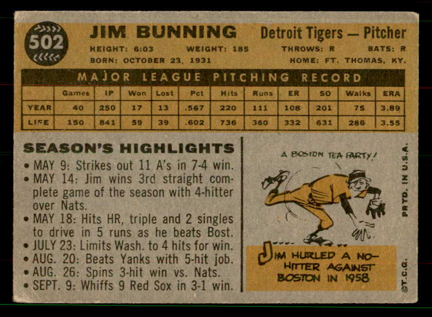 1960 Topps Baseball #502 Jim Bunning Tigers VG 551642