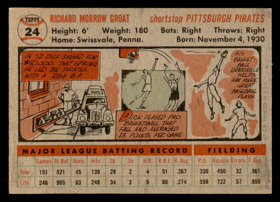 1956 Topps Baseball #024 Dick Groat Pirates EX-MT Gray 551733