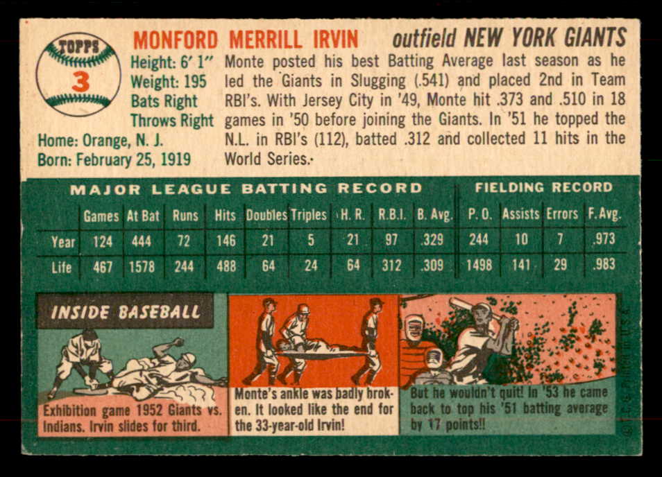 1954 Topps Baseball #003 Monte Irvin Giants EX-MT 551769