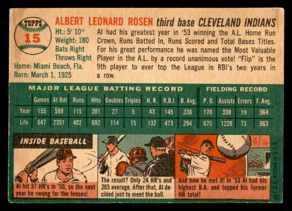 1954 Topps Baseball #015 Al Rosen Indians VG-EX 551781
