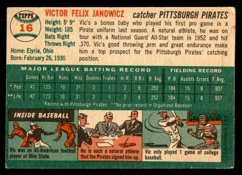 1954 Topps Baseball #016 Vic Janowicz Pirates VG-EX 551783