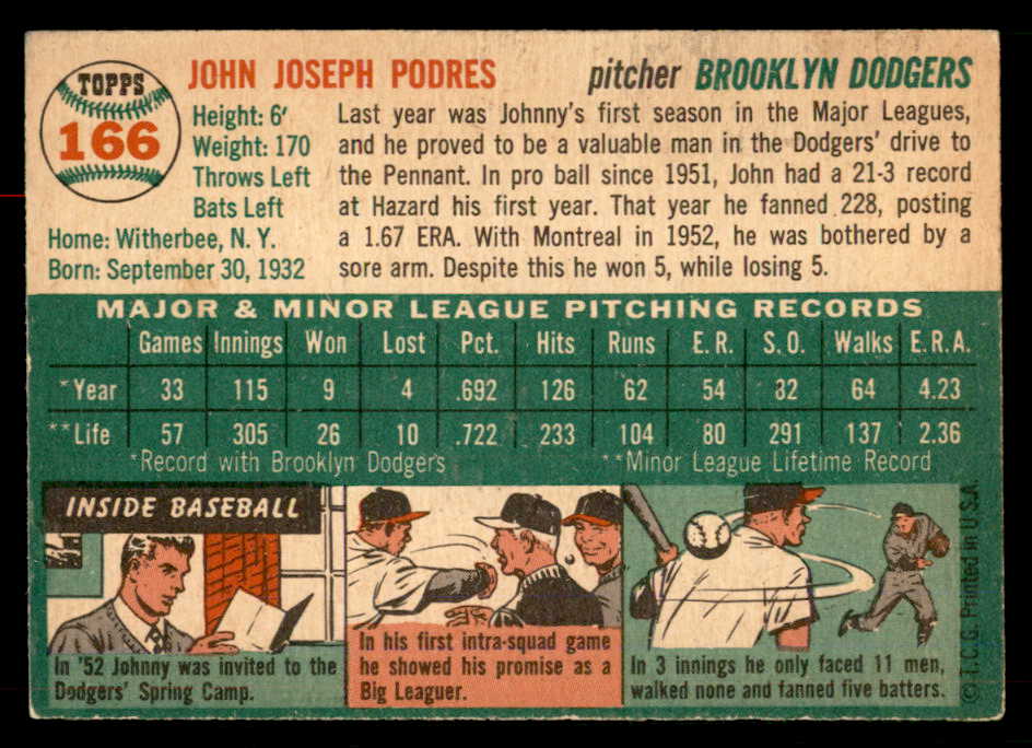 1954 Topps Baseball #166 Johnny Podres Dodgers EX-MT 551789