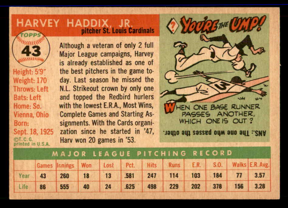 1955 Topps Baseball #043 Harvey Haddix Cardinals VG-EX 551806