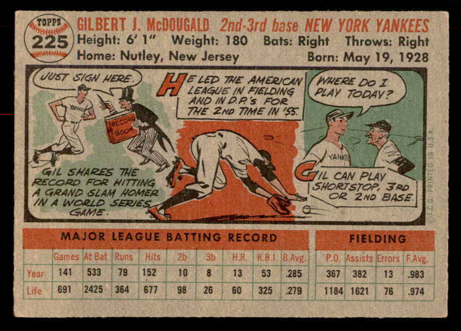 1956 Topps Baseball #225 Gil McDougald Yankees EX+/EX-MT 551816
