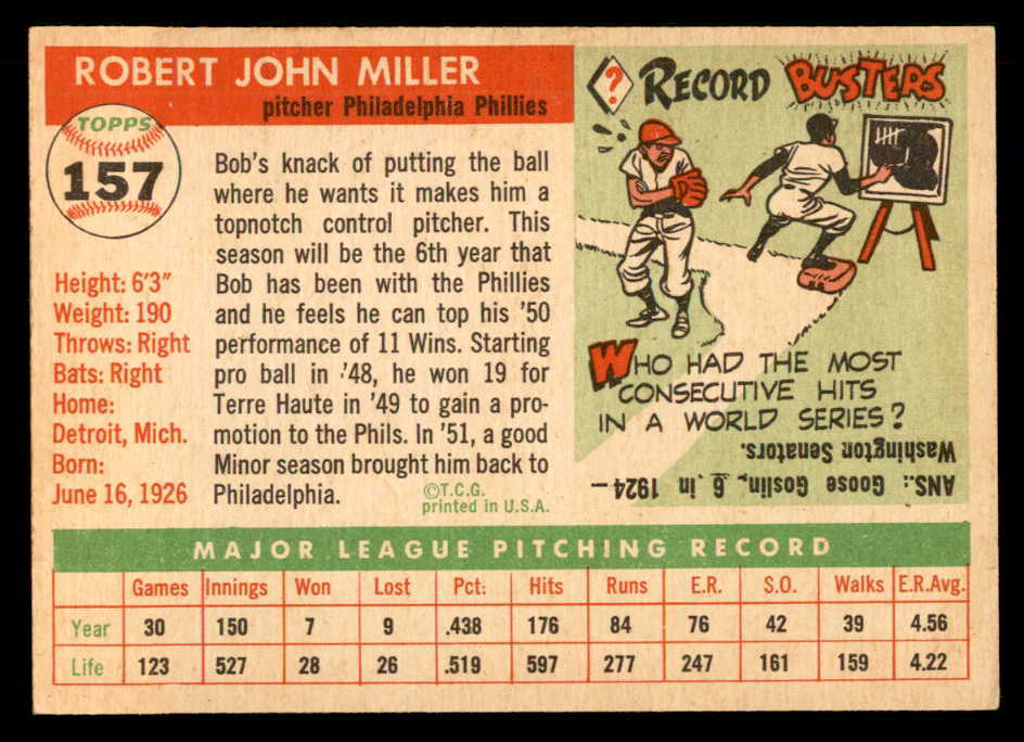 1955 Topps Baseball #157 Bob Miller Phillies EX-MT 551830