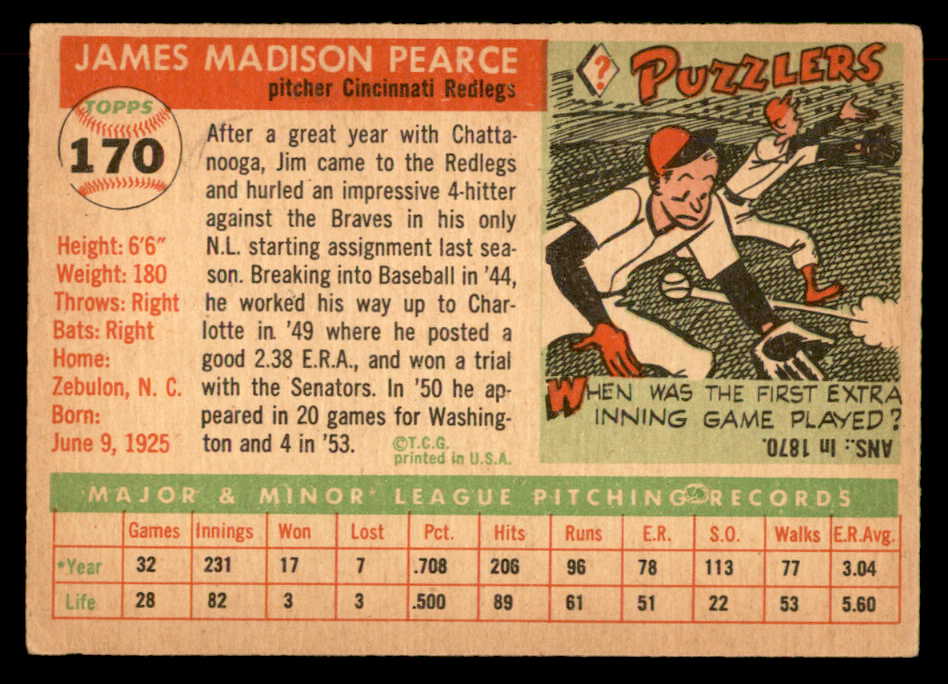 1955 Topps Baseball #170 Jim Pearce Reds VG-EX 551840
