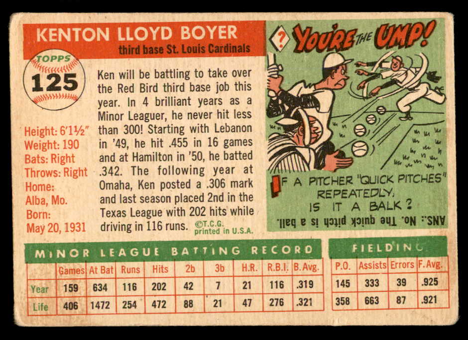 1955 Topps Baseball #125 Ken Boyer Cardinals VG 551876