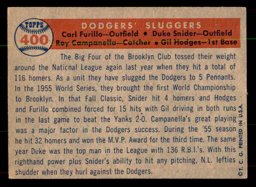 1957 Topps Baseball #400 Roy Campanella Duke Snider Gil Hodges EX+/EX-MT 551920