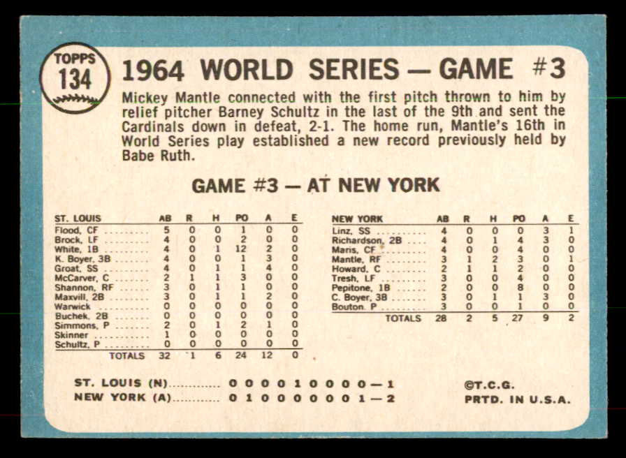 1965 Topps Baseball #134 World Series Game 3 Mickey Mantle NR-MT 551968
