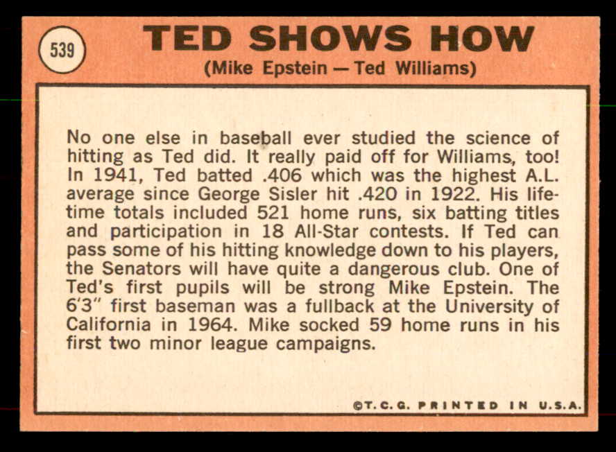 1969 Topps Baseball #539 Ted Williams Mike Epstein NR-MT 551996
