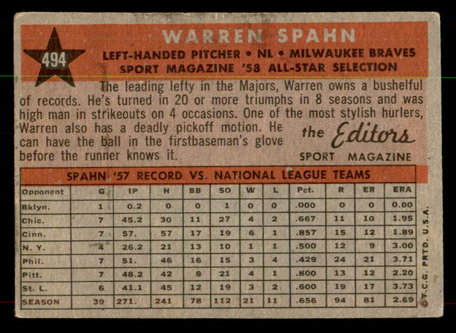 1958 Topps Baseball #494 Warren Spahn A.S. Braves VG-EX 552055