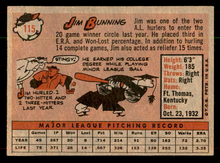 1958 Topps Baseball #115 Jim Bunning Tigers EX-MT 552056