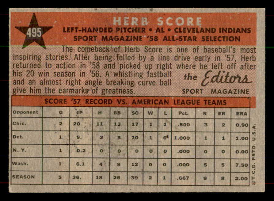 1958 Topps Baseball #495 Herb Score A.S. Indians NR-MT 552057