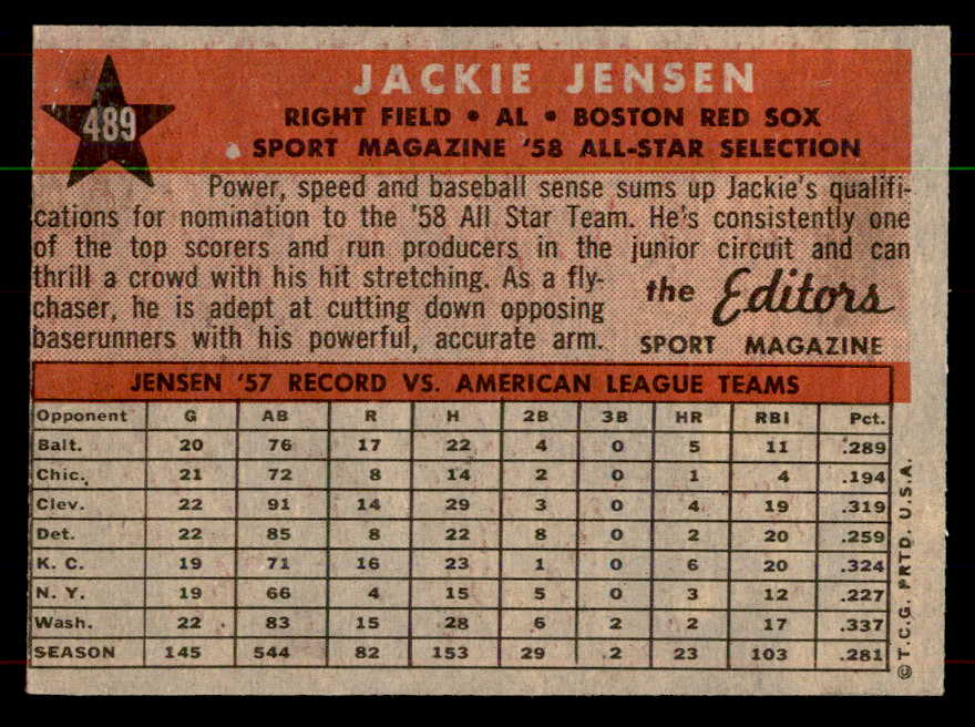 1958 Topps Baseball #489 Jackie Jensen A.S. Red Sox EX-MT 552110