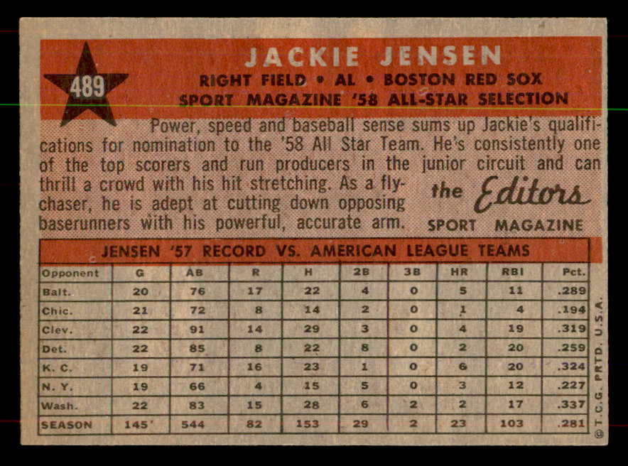 1958 Topps Baseball #489 Jackie Jensen A.S. Red Sox EX-MT 552111