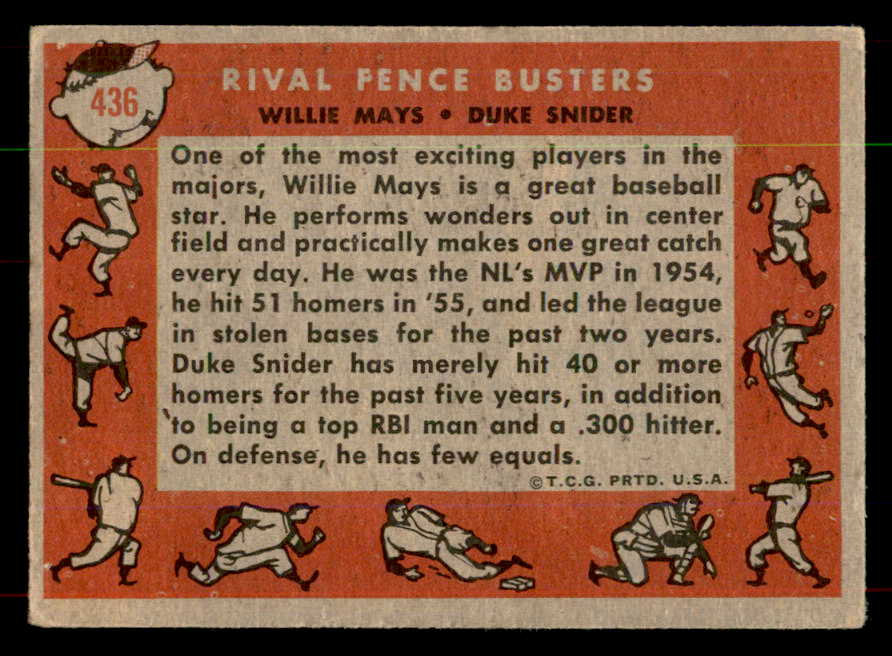 1958 Topps Baseball #436 Willie Mays Duke Snider EX 552121