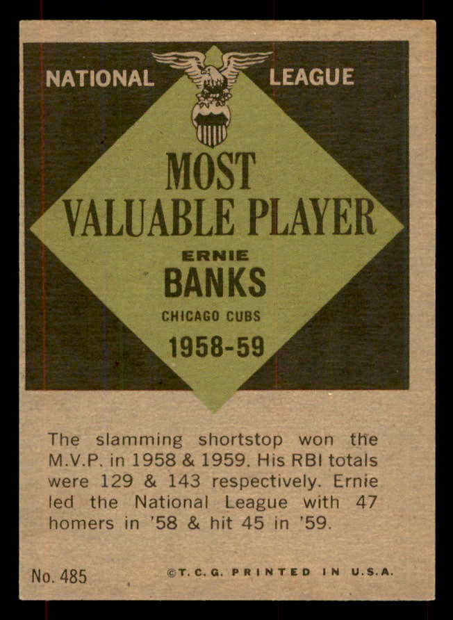 1961 Topps Baseball #485 Ernie Banks MVP Cubs EX-MT 552163