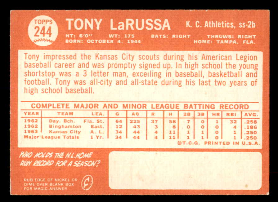 1964 Topps Baseball #244 Tony Larussa A's EX-MT 552185