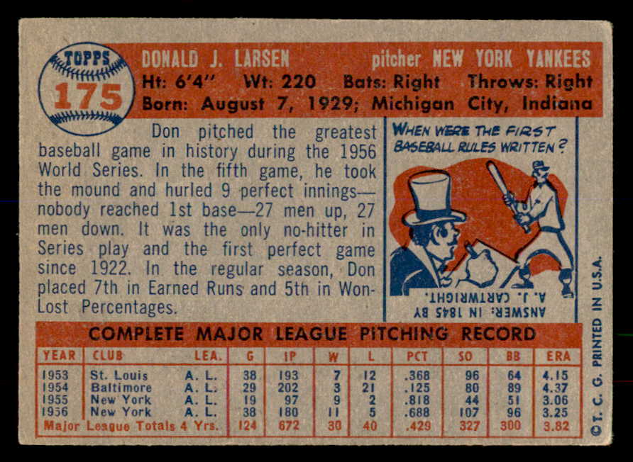 1957 Topps Baseball #175 Don Larsen Yankees VG-EX 552235