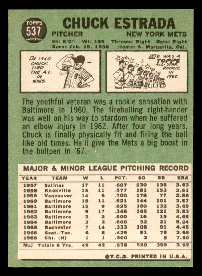 1967 Topps Baseball #537 Chuck Estrada Mets NR-MT 552371