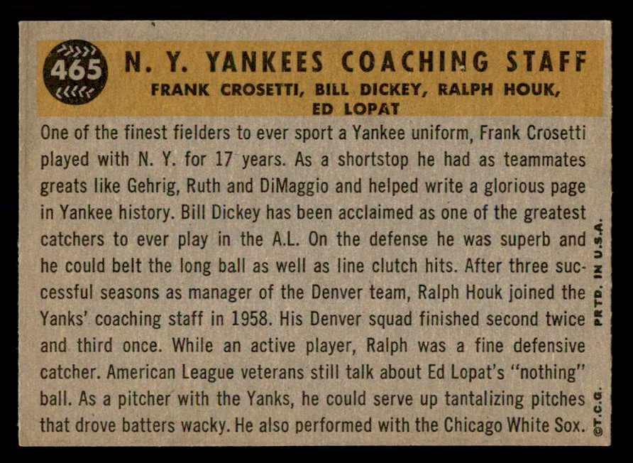 1960 Topps Baseball #465 Bill Dickey Yankees EX-MT 552454