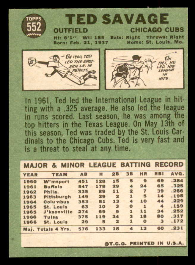 1967 Topps Baseball #552 Ted Savage Cubs EX-MT 552523