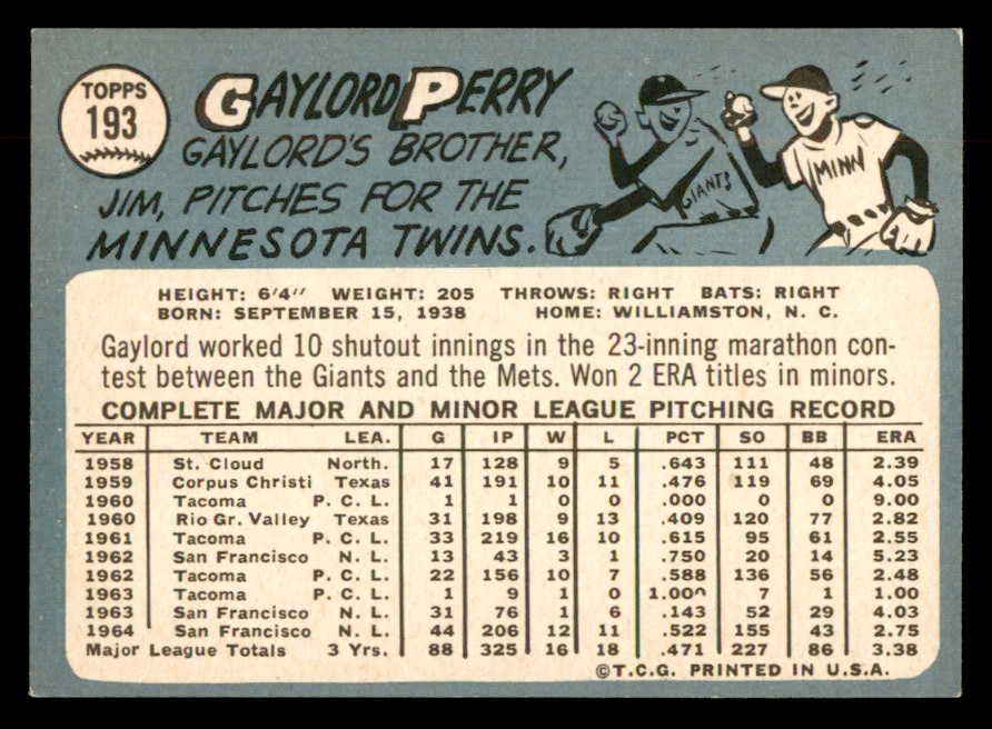 1965 Topps Baseball #193 Gaylord Perry Giants EX-MT 552589