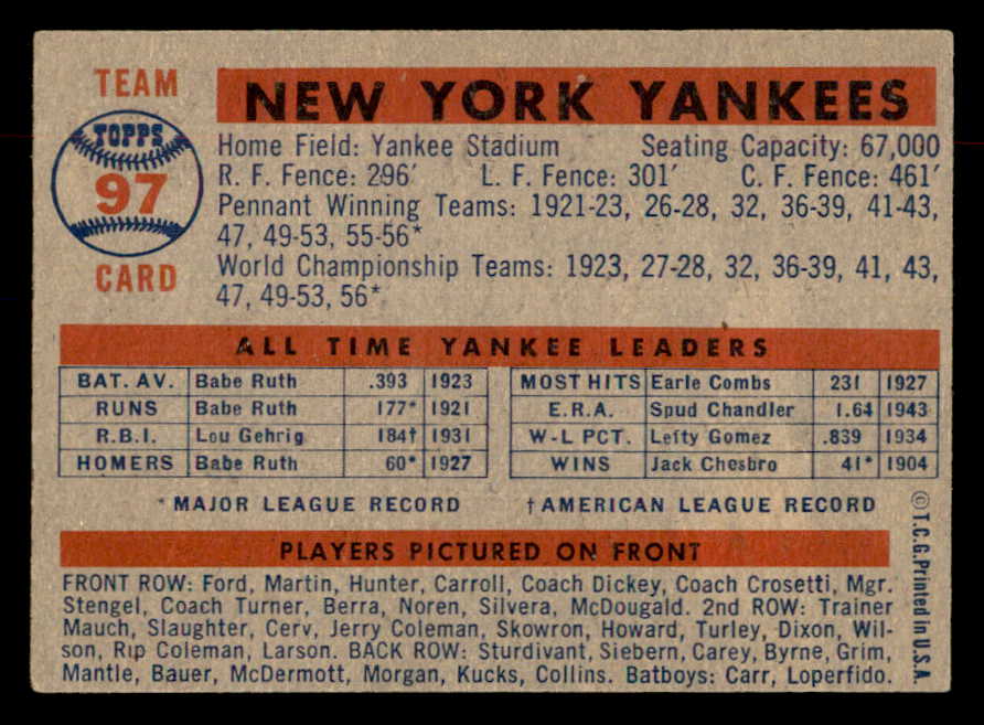 1957 Topps Baseball #097 New York Yankees Team EX-MT 552597