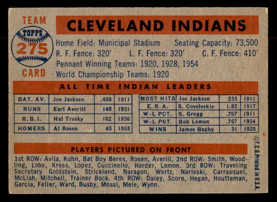 1957 Topps Baseball #275 Cleveland Indians Team EX-MT 552601