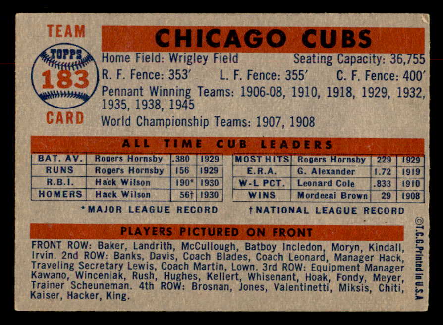 1957 Topps Baseball #183 Chicago Cubs Team EX 552605