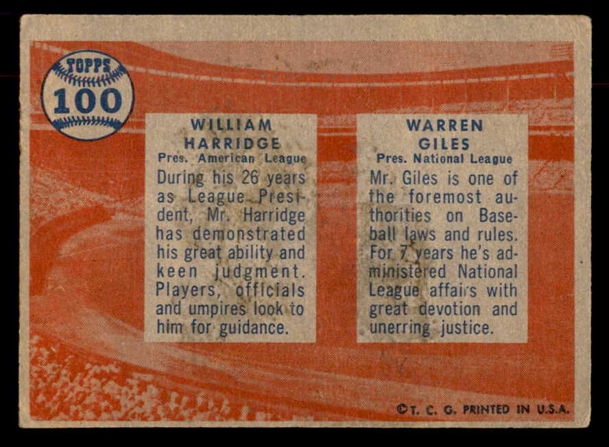 1957 Topps Baseball #100 Warren Giles William Harridge VG-EX 552613