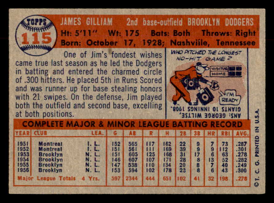 1957 Topps Baseball #115 Jim Gilliam Dodgers EX-MT 552616