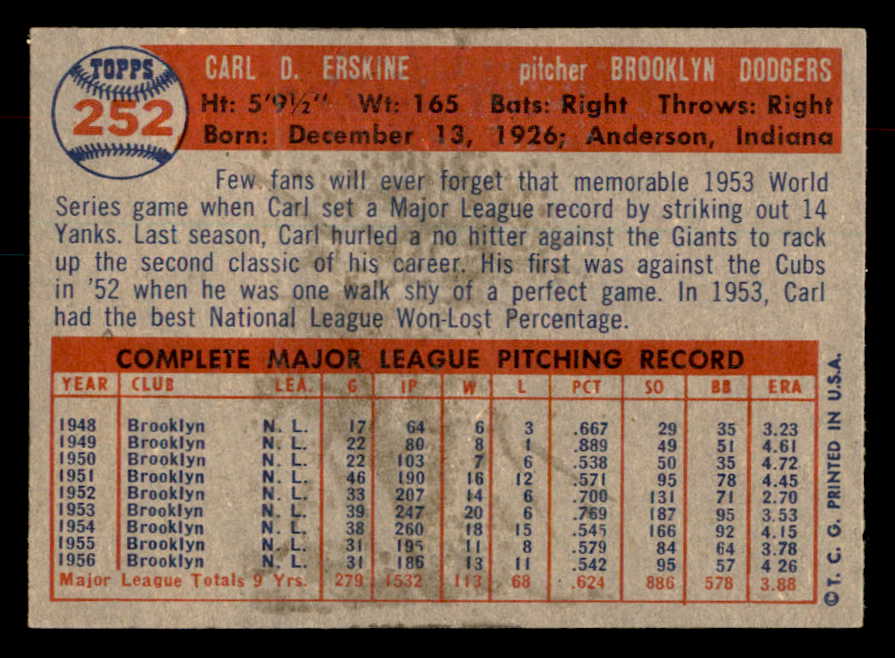 1957 Topps Baseball #252 Carl Erskine Dodgers EX-MT 552633