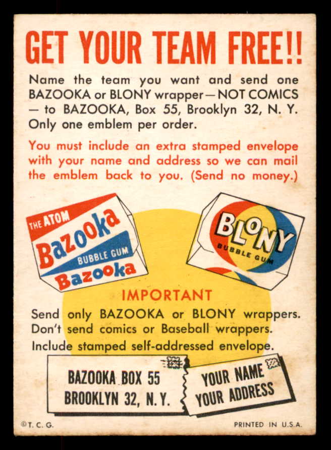 1958 Topps Baseball Felt Emblem Card EX-MT 552641