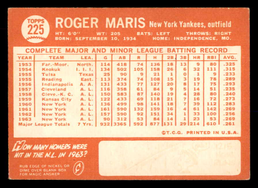 1964 Topps Baseball #225 Roger Maris Yankees EX 552712