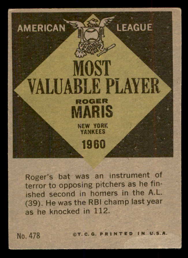 1961 Topps Baseball #478 Roger Maris MVP Yankees EX+/EX-MT 552726